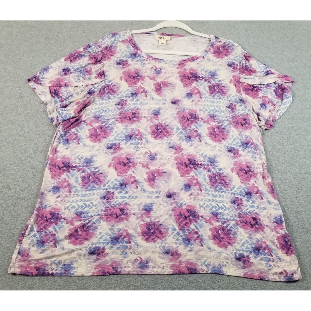 Style & Co Top Womens 2X Plus Floral Geometric Short Sleeve Blouse Spring Knit